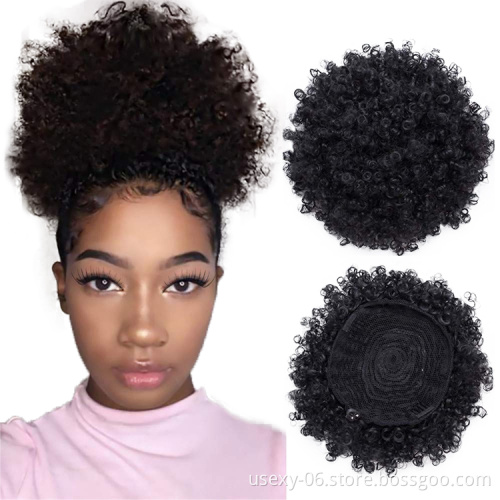 100% Human Hair Afro Puff Curly Ponytail Wholesale 8inch Natural Color Afro Short Human Hair Drawstring Ponytails